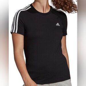 adidas Women's Black Short-Sleeve Tee with White Shoulder Stripes.